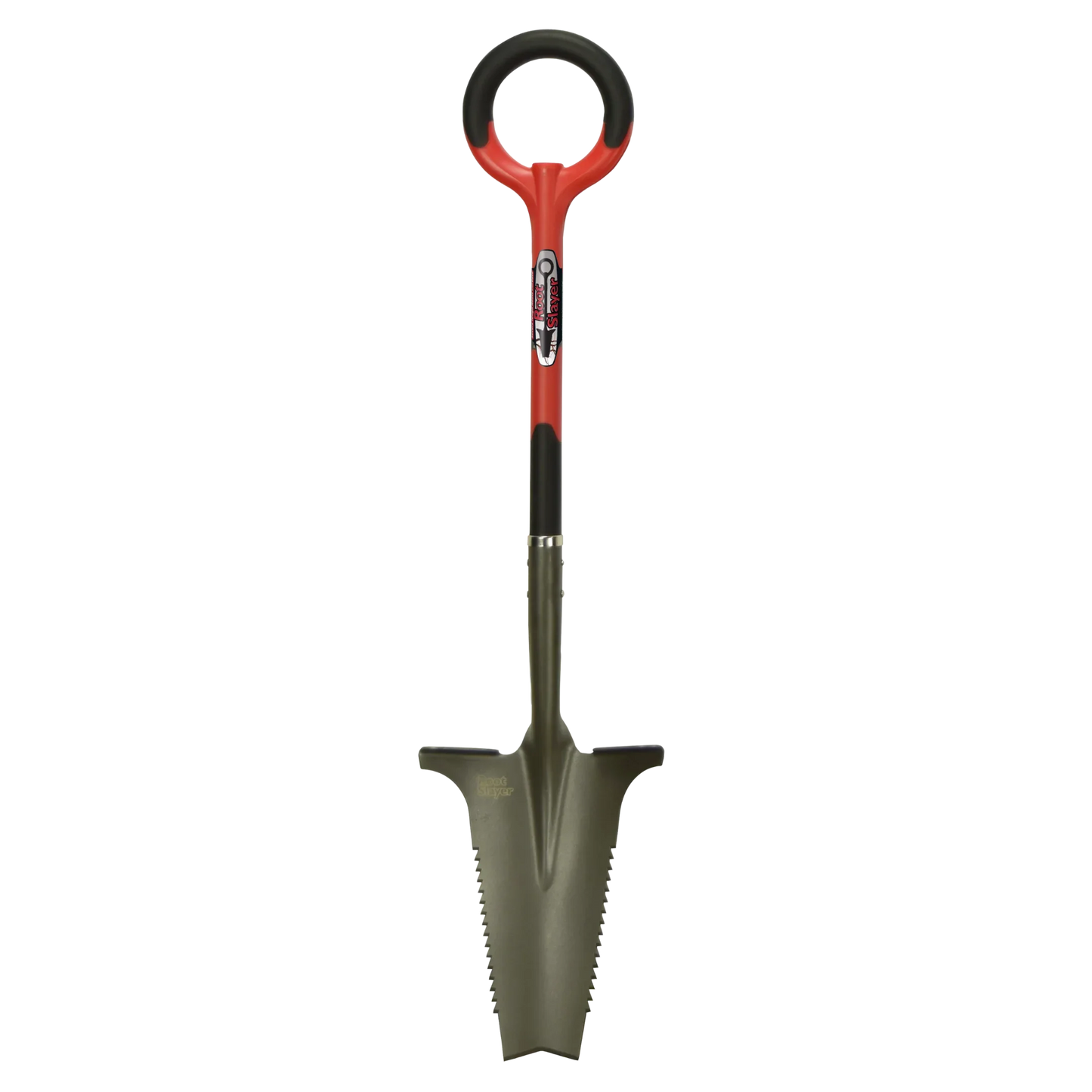 Pelle de jardin ergonomique avec lame crantée et manche rouge, outil de désherbage